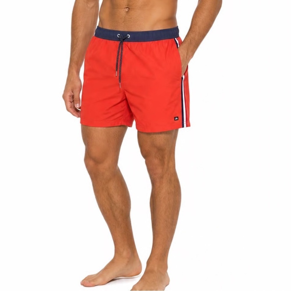 Micros Mens Swim Trunks Orange Navy Blue Side Stripe Board Shorts Size L